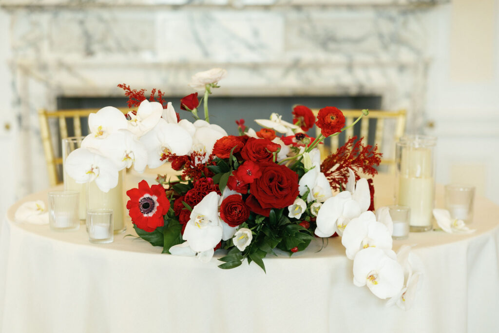 Sweetheart table with beautiful white orchids. 