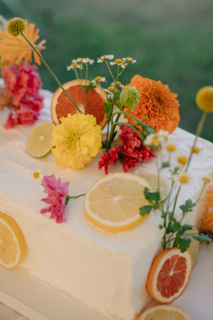 Long rectangle cake with fruit and flowers at Wandby Landing in Kennebunk, Maine. 