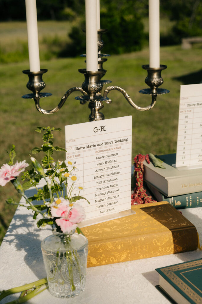 Custom book seating chart at a tented wedding in Kennebunk, Maine. 